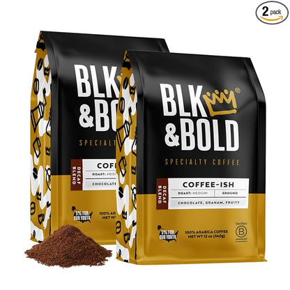 BLK & Bold Ground Coffee, Coffee-ish Decaf Medium Roast, Chocolate Graham Fruit Notes, Decaf Coffee For Drip Coffee Maker, French Press & Coffee Pot, 12 oz Bags (2 Pack)