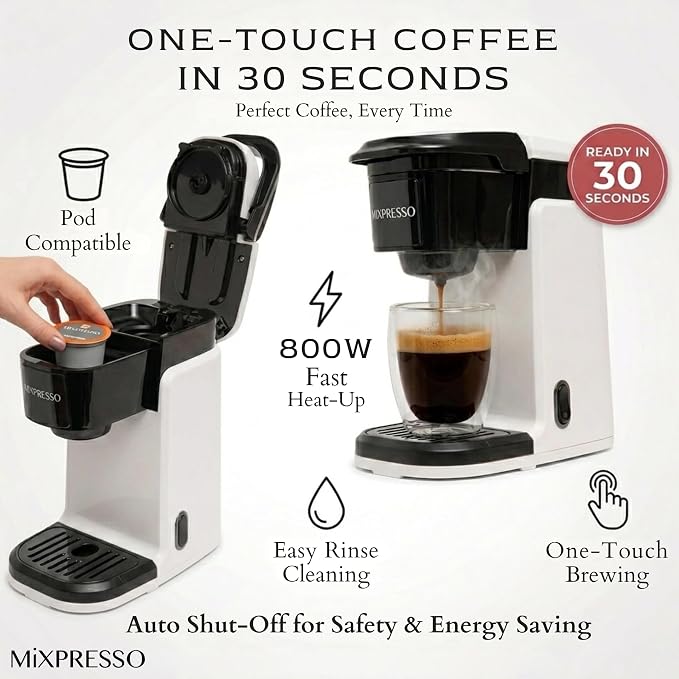 Mixpresso White Single Serve Coffee Maker for K Capsule, Compact Mini Coffee Maker 800 Watt Coffee Machine for Pods or Ground, Fast Brew, Auto Shut Off, 12 Oz Brew Size for Travel, Office, RV and Dorm