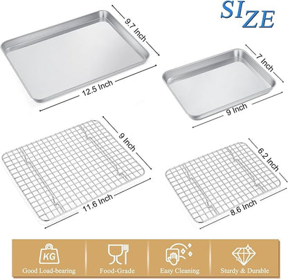 P&P CHEF 12.5 + 9 Inch Toaster Oven Pan with Rack Set, Stainless Steel Baking Pan Tray and Grid Cooling Rack for Cooking/Roasting, Dishwasher Safe & Easy to Clean, Non-toxic & Sturdy, (4Pcs)