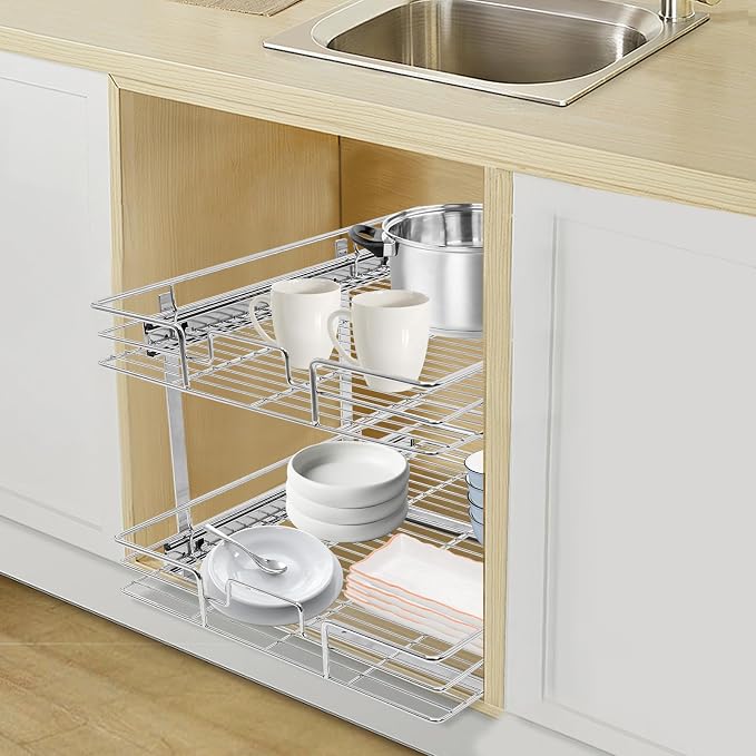 2 Tier Pull Out Cabinet Organizer 21 "W X 22 "D, Double Wire Basket Sliding Shelf, Pull Out Drawer for Kitchen Cabinets, Base Cabinet Organization for Kitchen, Bathroom, Pantry, Chrome (Silver)