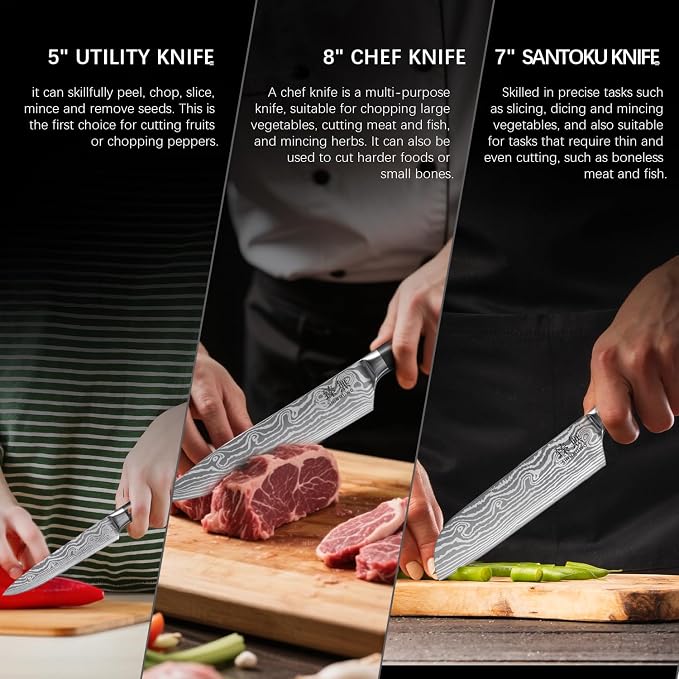 3-Piece Kitchen Knife Set, High Carbon Stainless Steel Blades with Wave Pattern, Ergonomic Pakkawood Handle - Includes 8" Chef, 7" Santoku & 5" Utility Knives