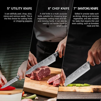 3-Piece Kitchen Knife Set, High Carbon Stainless Steel Blades with Wave Pattern, Ergonomic Pakkawood Handle - Includes 8" Chef, 7" Santoku & 5" Utility Knives