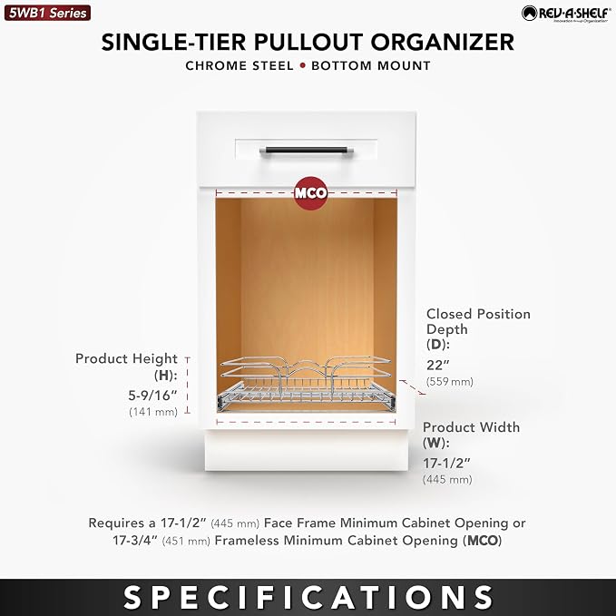 Rev-A-Shelf Steel Wire Pullout Drawer Organizer Shelf for Kitchen Cabinets, Slide Out Storage Basket, Min Opening Width of 17.5", 18" x 22", 5WB1-1822CR-1