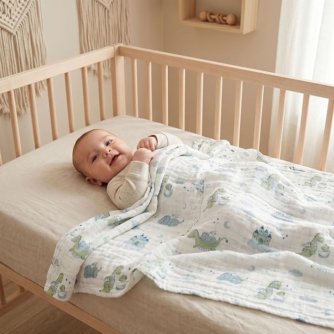 4-Pack Muslin Swaddle Blankets for Newborns | 100% Cotton Breathable Soft, Large 31.5"x43.3" | Multi-Use Stroller Sunshade Nursing Cover & Receiving Blanket, Blue Dinosaur