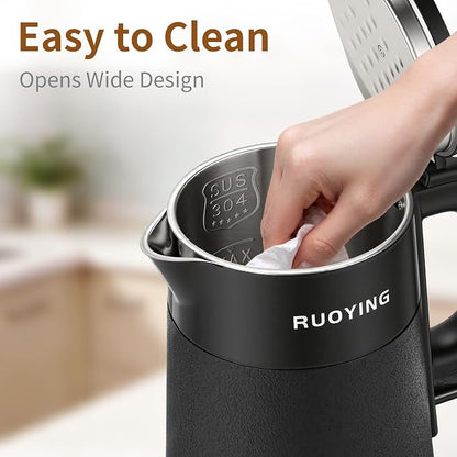 0.8L Small Electric Kettle, Travel Portable Double Wall Stainless Steel Water Boiler, 304 Food Grade Seamless Inner Tank, 120V/1000W Fast Boiling, Auto Shut-Off & Boil Dry Protection(Black)
