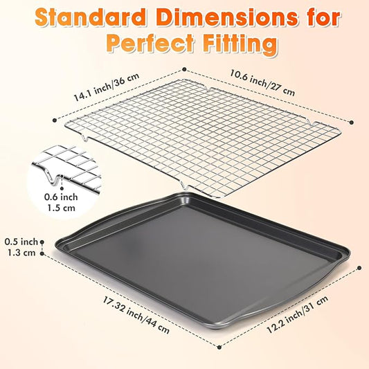 Baking Sheet with Cooling Rack, 17” x 12” Nonstick Carbon Steel Cookie Sheets Pan Set with Wire Racks for Baking and Cooking, Baking & Cookie Sheet Pan Oven Tray Non Toxic (2 Pans + 2 Raised Racks)
