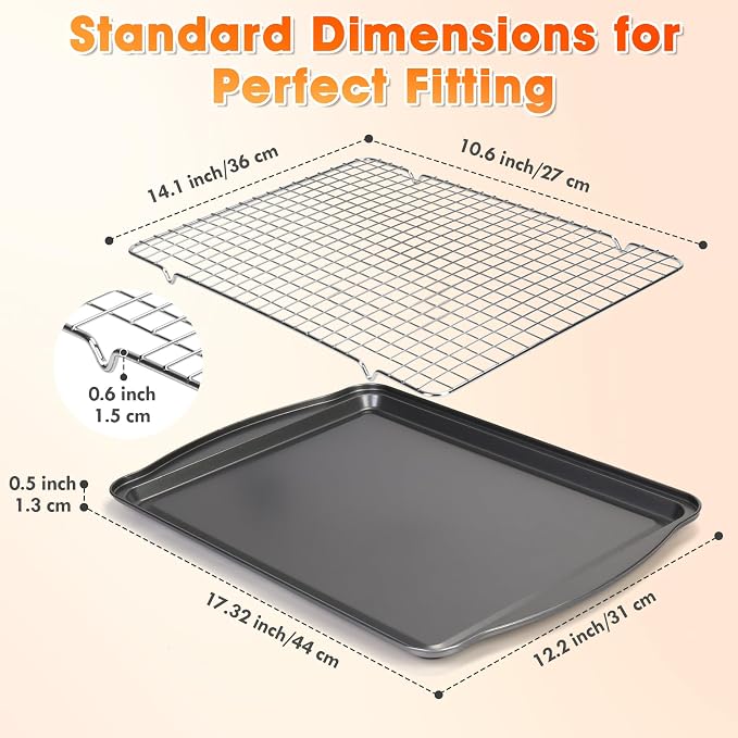 17” x 12” Nonstick Carbon Steel Baking Sheet Pan with Cooling Rack, Cooking Sheet Pan Cookie Sheets for Baking, Kitchen Cookware Baking Pans Set Oven Tray with Wire Racks (2 Pans + 2 Raised Racks)