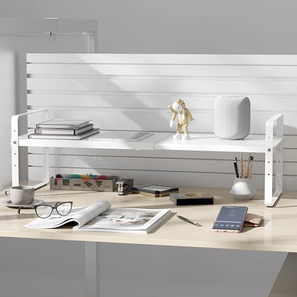 Expandable Cabinet Shelf Organizer Adjustable Metal Spice Rack Stackable Freestanding Counter Storage Shelves for Kitchen Cabinet Under Sink Office Desk (White - 1Pack - L16.5-27'' * W8'' * H9.6'')