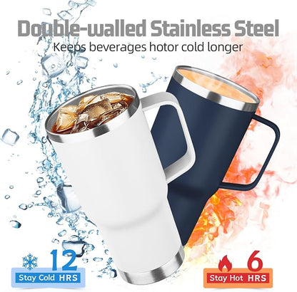 20 oz Tumbler with Handle Stainless Steel Insulated Coffee Mug Tumbler with Lid and Straw Double Wall Vacuum Insulated Coffee Mug Leak Proof Travel Mug for Hot and Cold Drink (White,4pack)