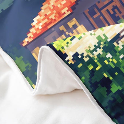Castle Fairy Red Farm Tractors 100% Organic Cotton Duvet Cover Set Rustic Farmhouse Comforter Cover Set (Not Comforter) Pixelated Style Gaming Bedding Set Queen Size 3 Pcs
