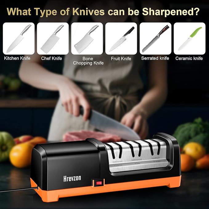 2026 New Electric Knife Sharpener for Kitchen Knives, with 100% Diamond Abrasives and Precision Angle Guides, 3-Stage Professional Automatic Quickly Sharpening/Polishing, Black/Orange