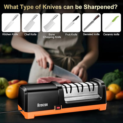 2026 New Electric Knife Sharpener for Kitchen Knives, with 100% Diamond Abrasives and Precision Angle Guides, 3-Stage Professional Automatic Quickly Sharpening/Polishing, Black/Orange
