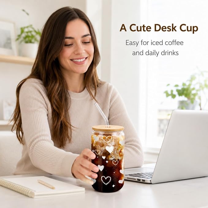 Glass Cup with Lid and Straw, 16 oz Cute Iced Coffee Cup with Heart Design, Bamboo Lid, Glass Straw and Brush for Desk, Dorm, Girlfriend or Best Friend