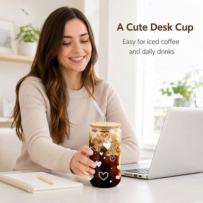 Glass Cup with Lid and Straw, 16 oz Cute Iced Coffee Cup with Heart Design, Bamboo Lid, Glass Straw and Brush for Desk, Dorm, Girlfriend or Best Friend