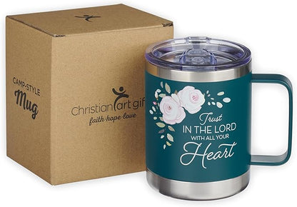 Christian Art Gifts Reusable Stainless Steel Double Wall Vacuum Insulated Camp Style Travel Mug w/Handle for Women: Trust in the Lord Inspirational Bible Verse, BPA-free Retractable Lid, Teal, 11 oz.
