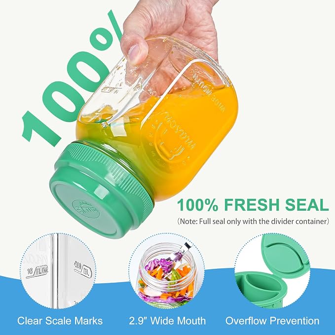 [UPGRADE] 4 Pack Green Salad Jars with Lids and Airtight Silicone Dressing Cup, Square Glass Salad Container for Lunch with Foldable Fork for Men/Women, 32 Oz Mason Jar for Overnight Oats Meal Prep