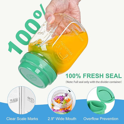 [UPGRADE] 4 Pack Green Salad Jars with Lids and Airtight Silicone Dressing Cup, Square Glass Salad Container for Lunch with Foldable Fork for Men/Women, 32 Oz Mason Jar for Overnight Oats Meal Prep