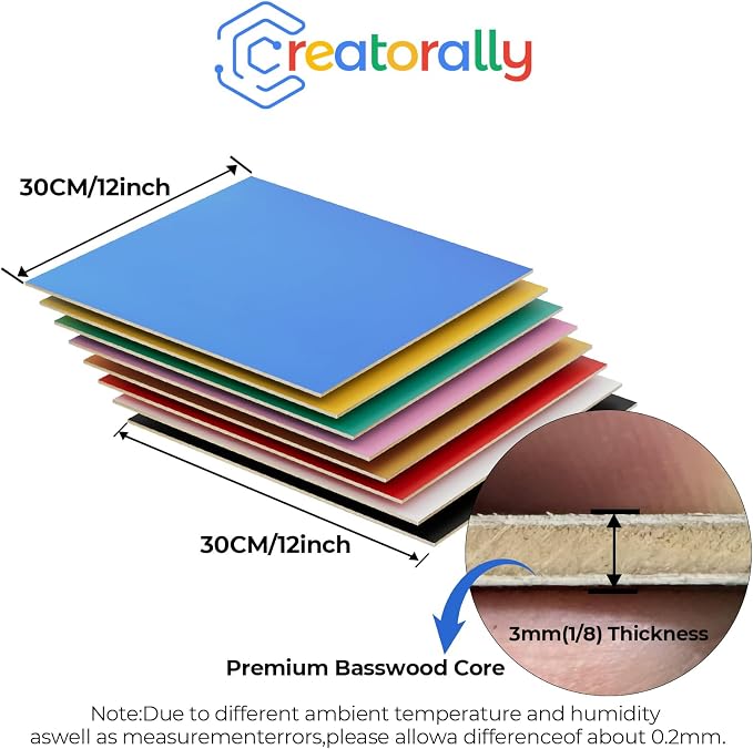 8 Pack Multi-Color Basswood for Laser Cutting, 12"x12"x1/8" (3 mm) Double-Sided Colored Plywood Sheets, for Laser Engraving, DIY Craft Wood & School Projects