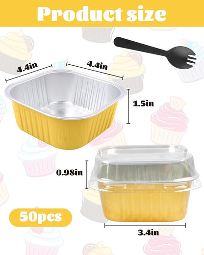 50 Pack 10oz Square Mini Cake Pans with Lids and Spoons,Aluminum Foil Baking Cups,Disposable Mini Loaf Pans Ramekins for Brownie, Cheesecake, Mousse & Wedding Party Favors-Gold