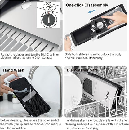 [All in 1] Upgraded Version Safe Mandoline Slicer for Kitchen, Adjustable Thickness. Veggie Slicer, Rapid Prep Mandoline, Detachable Blade, Cleaning Brush (WhiteBlack)