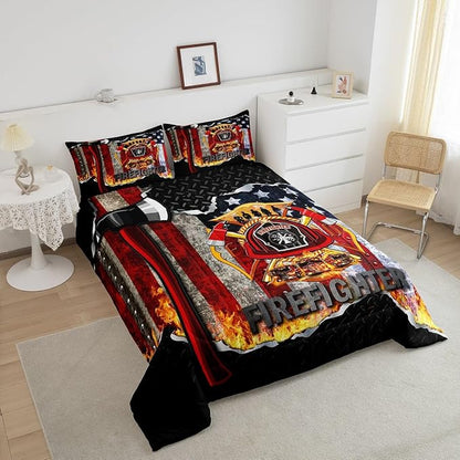 Manfei Fire Engine Red Axe Bed Comforter Set Queen Size,Firefighter Super Soft Microfiber Bedding Set for Girls Boys,American Flag Decorative Quilter Set