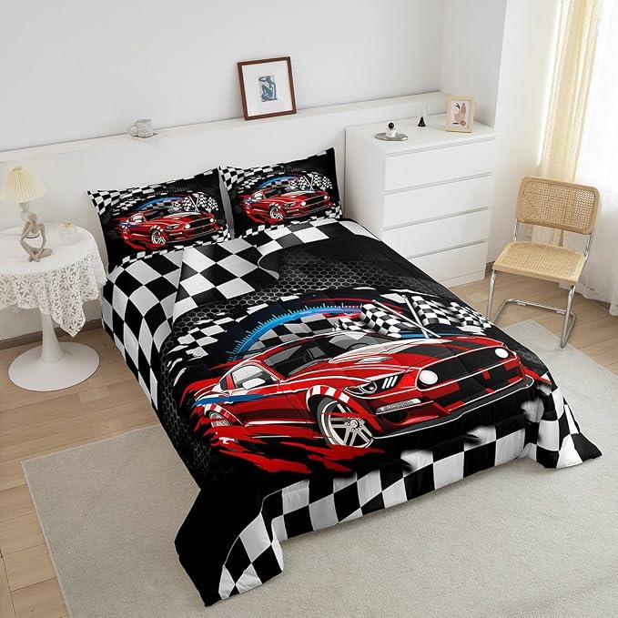 Manfei Racing Car Theme Boys Kids Comforter Set Full Size,Extreme Sports Duvet Set Room Decor,Speeding Game Brushed Microfiber Soft Bedding Comforter