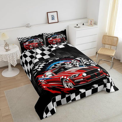 Manfei Racing Car Theme Boys Kids Comforter Set Full Size,Extreme Sports Duvet Set Room Decor,Speeding Game Brushed Microfiber Soft Bedding Comforter