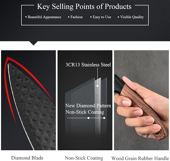 Luxury Aesthetic Kitchen Knife Set with Holder,6Pcs Beige Knife Set with Wood Grain Handle,Stainless Steel Chef Knives and Scissors,Gift for Cooking