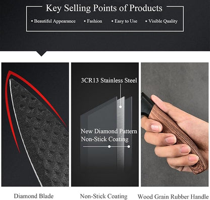 Luxury Aesthetic Kitchen Knife Set with Holder,6Pcs Beige Knife Set with Wood Grain Handle,Stainless Steel Chef Knives and Scissors,Gift for Cooking