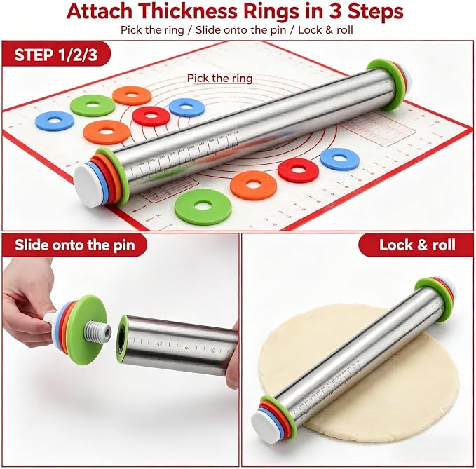 Adjustable Stainless Steel Rolling Pin & Non-Slip Silicone Baking Mat Set with Thickness Rings, Dough Roller with Guides & Pastry Mat for Fondant,Pizza, Cookies, Pies,Baking Supplies & Kitchen Gadgets