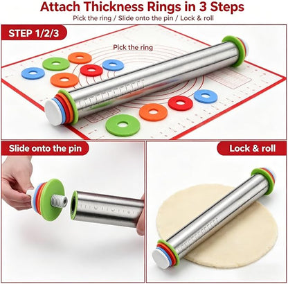 Adjustable Stainless Steel Rolling Pin & Non-Slip Silicone Baking Mat Set with Thickness Rings, Dough Roller with Guides & Pastry Mat for Fondant,Pizza, Cookies, Pies,Baking Supplies & Kitchen Gadgets