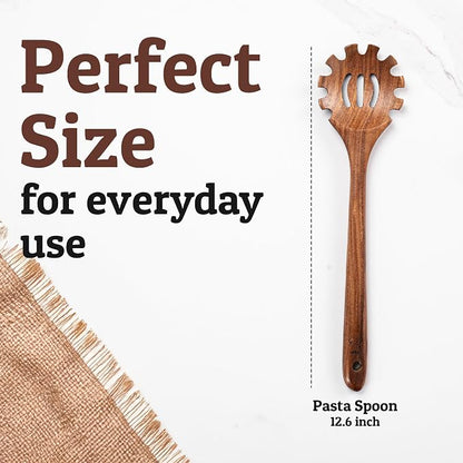 PriorityChef Premium Wooden Pasta Spoon - Handcrafted Teak Wood Spaghetti Spoon with Teeth - Durable Wooden Spaghetti Utensil - Wooden Pasta Fork and Spaghetti Noodle Spoon for Serving