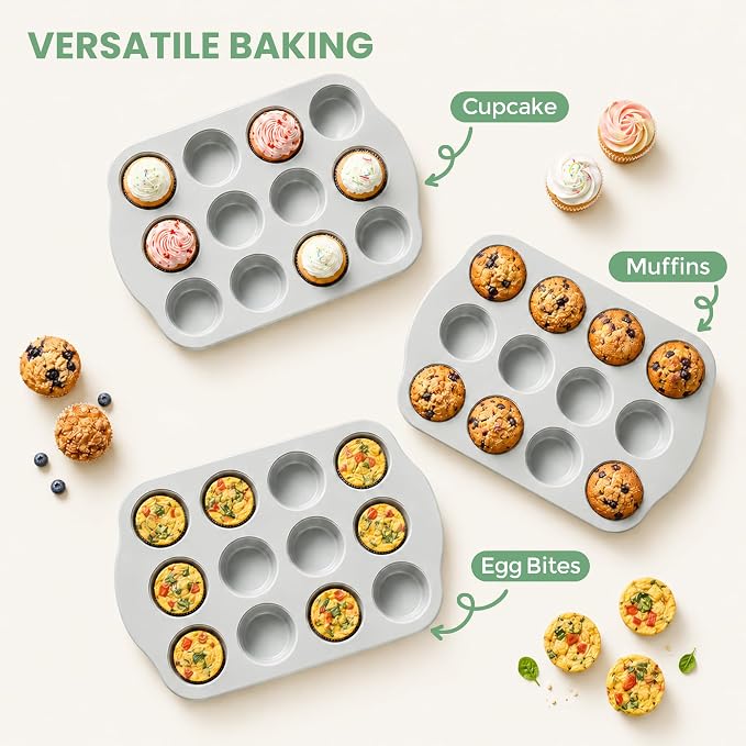 12-Cavity Muffin Pan, Nonstick Ceramic Cupcake Pan, Heavy-Duty 0.6mm Carbon Steel, Easy-Release Bakeware for Home Bakers & Holiday Treats, Grey