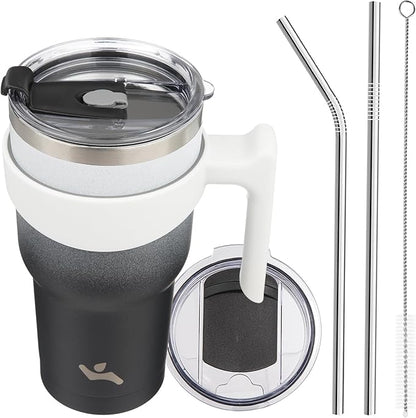 Konokyo 30 oz Tumbler with Handle and 2 Straw 2 Lid, Insulated Water Bottle Stainless Steel Vacuum Cup Reusable Travel Mug,Day Night