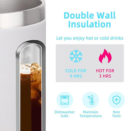 Volhoply 14oz Insulated Stainless Steel Coffee Mug with Leakproof Lid,Double Wall Vacuum Travel Coffee Cup with Handle,Reusable Metal Cups Tumbler,Camping Mugs Keep Hot/Cold,Ideal Gifts(White,1)