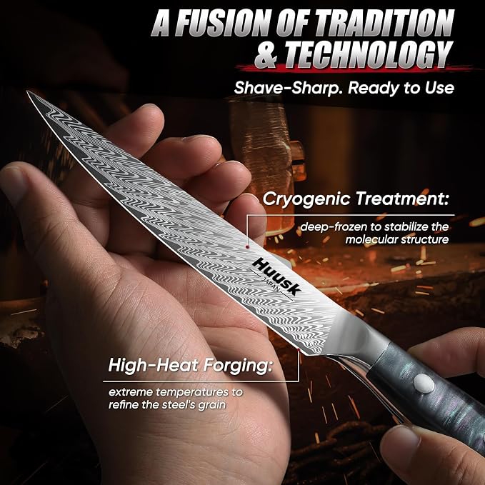 Huusk Japanese Kitchen Utility Knife 5" - Stainless Small Chef Knife with Resin Handle & Sheath, Full Tang Japanese Petty Knives for All Purpose, Sharp Paring Knives for Vegetable & Fruit, Men Gifts