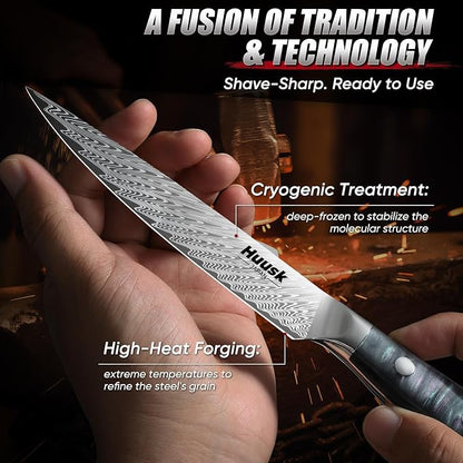Huusk Japanese Kitchen Utility Knife 5" - Stainless Small Chef Knife with Resin Handle & Sheath, Full Tang Japanese Petty Knives for All Purpose, Sharp Paring Knives for Vegetable & Fruit, Men Gifts
