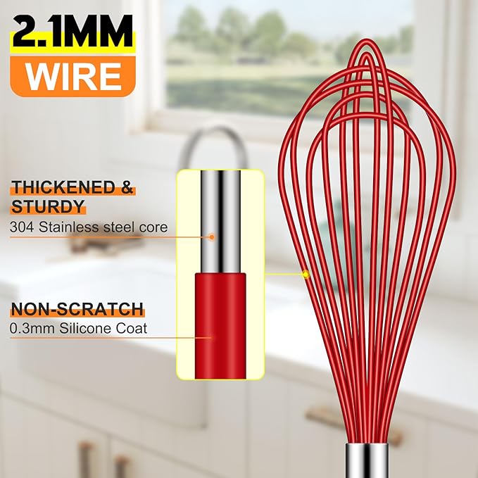 HOTEC 4 Pieces Silicone Whisks Set, Wire Balloon Whisks for cooking Egg Beater, Non-slip Handle Whisk for Non-stick Cookware Perfect for Cooking, Stirring, Beating and Blending,Red