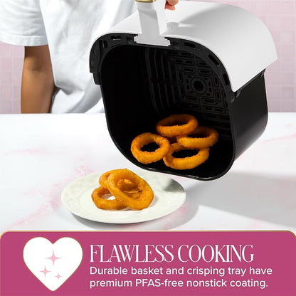 Paris Hilton 6-Quart Air Fryer, Nonstick Basket Made Without PFAS, Touchscreen, 8-in-1 (Fry, Roast, Broil, Bake, Reheat, Keep Warm, Pizza, Dehydrate), Dishwasher Safe Basket and Crisping Tray, White