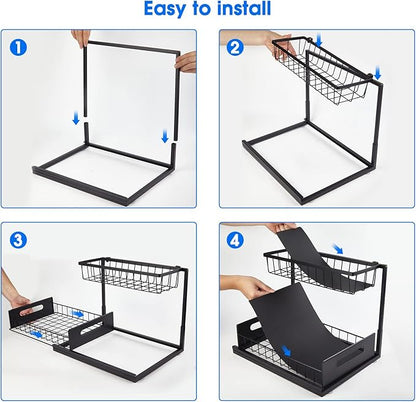 Under Sink Organizer, 2 Tier Pull-Out Cabinet Storage Shelf, Rust-Resistant Metal Organizer for Kitchen Bathroom Laundry Room, No Tools Installation, 1 Pack Black