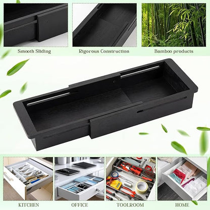 LemonRoad 1 Pcs Sliding Drawer Organizer Bin Bamboo Drawer Expandable Bins Utensil Organizer for Kitchen Spoons Forks Knives (Black)