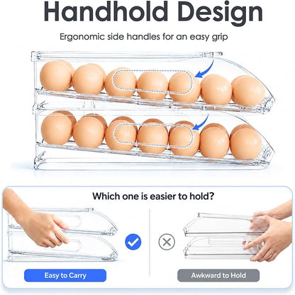 SMRCAD Egg Holder for Fridge, Automatic Steady Rolling Egg Container with Soft Bumpers & Handle for Refrigerator, Stackable Fridge Organizers and Storage with Lid