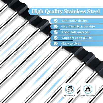 Seropy Roll Up Dish Drying Rack Over the Sink Drying Rack for Kitchen, Folding Dish Rack Over Sink Mat, Stainless Steel Dish Drainer Rack Kitchen Organizer Accessories Black 17"x11.8"