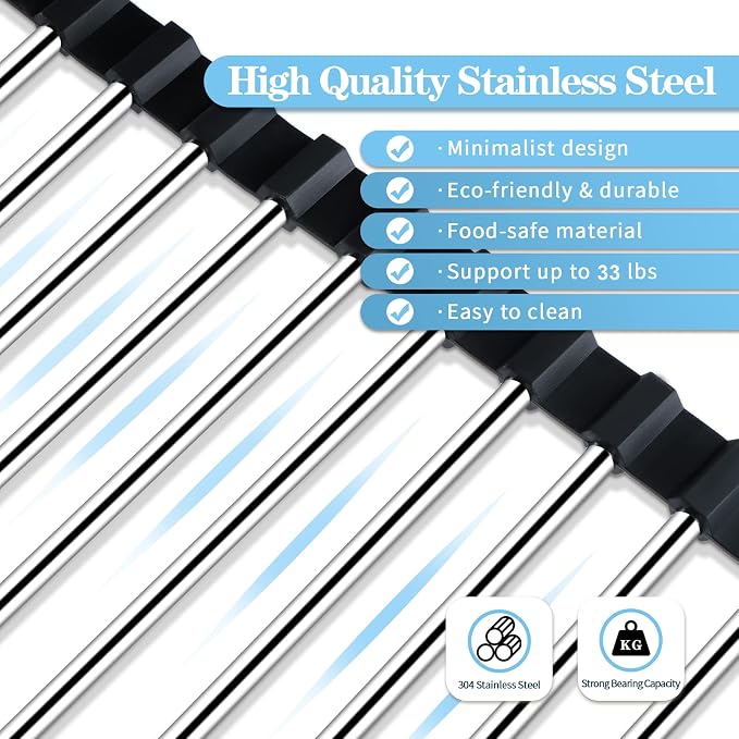 Seropy Roll Up Dish Drying Rack Over the Sink Drying Rack for Kitchen Counter, Rolling Dish Rack Over Sink Mat, Foldable Dish Drainer Stainless Steel Rack Kitchen Organization Gadgets 17.5"x11.8"