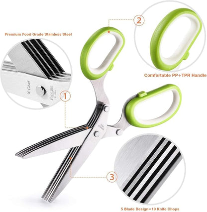 Herb Scissors, X-Chef Multipurpose 5 Blade Kitchen Herb Shears Herb Cutter with Safety Cover and Cleaning Comb for Chopping Basil Chive Parsley (Green)