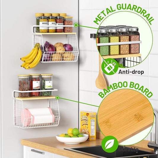 Magnetic Shelf for Fridge with Wood Lid, Fruit Potato and Onion Storage Bins, Pantry Organizers & Storage, Large Container Magnetic Spice Rack for Refrigerator, Kitchen Counter (White, 2)