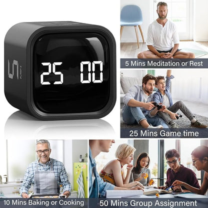 Rotating Pomodoro Timer 5, 25, 10 50 Minutes Preset, Desk Productivity Flip Timer, ADHD Tool Cube Countdown Stopwatch, Vibration/High/Low Volume/Custom Modes, for Work, Study, Back to School, Kitchen
