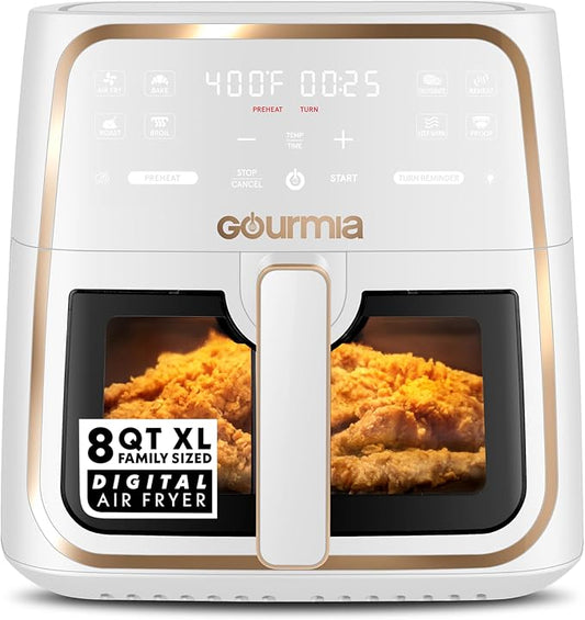 Gourmia 8 Qt Air Fryer, 8 Presets with Digital Display, FryForce 360° Technology, Easy View Window & Interior Light, Dishwasher Safe Basket, White