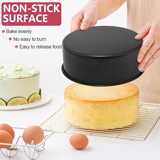 P&P CHEF 8 Inch Cake Pan, Nonstick Round Baking Layer Cake Pans Tins Set for Birthday Wedding, 2.94-Inch Deep Side & One-piece Design, Stainless Steel Core & Easy Clean, Black 4Pcs
