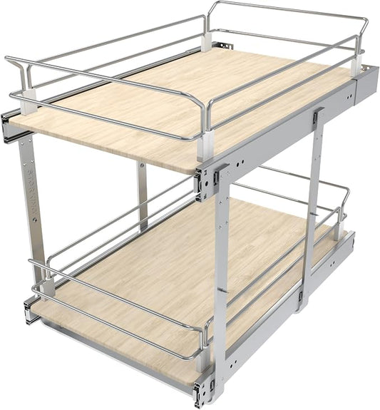 2 Tier Pull Out Cabinet Organizer 15" W X 22" D, Slide Out Drawers For Kitchen Cabinets, Pull Out Drawers For Cabinets Capacity Heavy Duty Caddy, Cabinet Pullout Shelves Wood Chrome, Pantry Storage